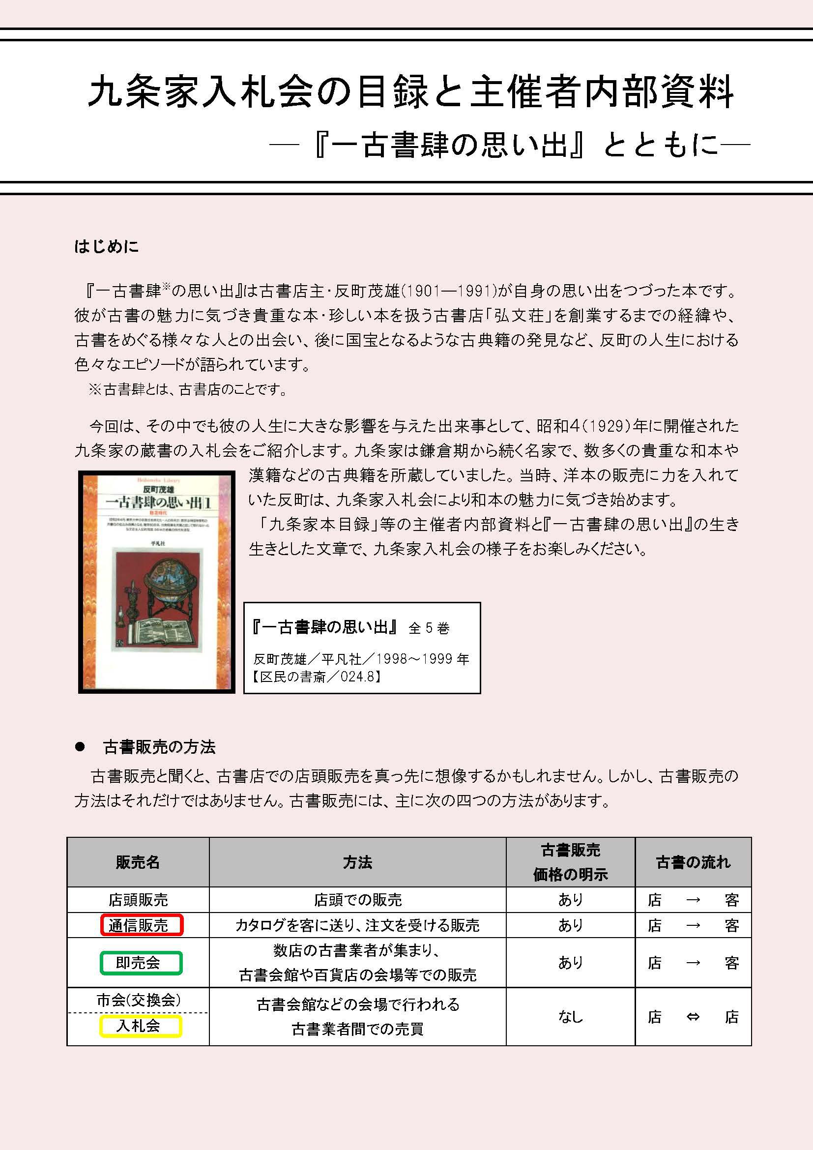 「九条家入札会の目録と主催者内部資料―『一古書肆の思い出』とともに― 」表紙の写真